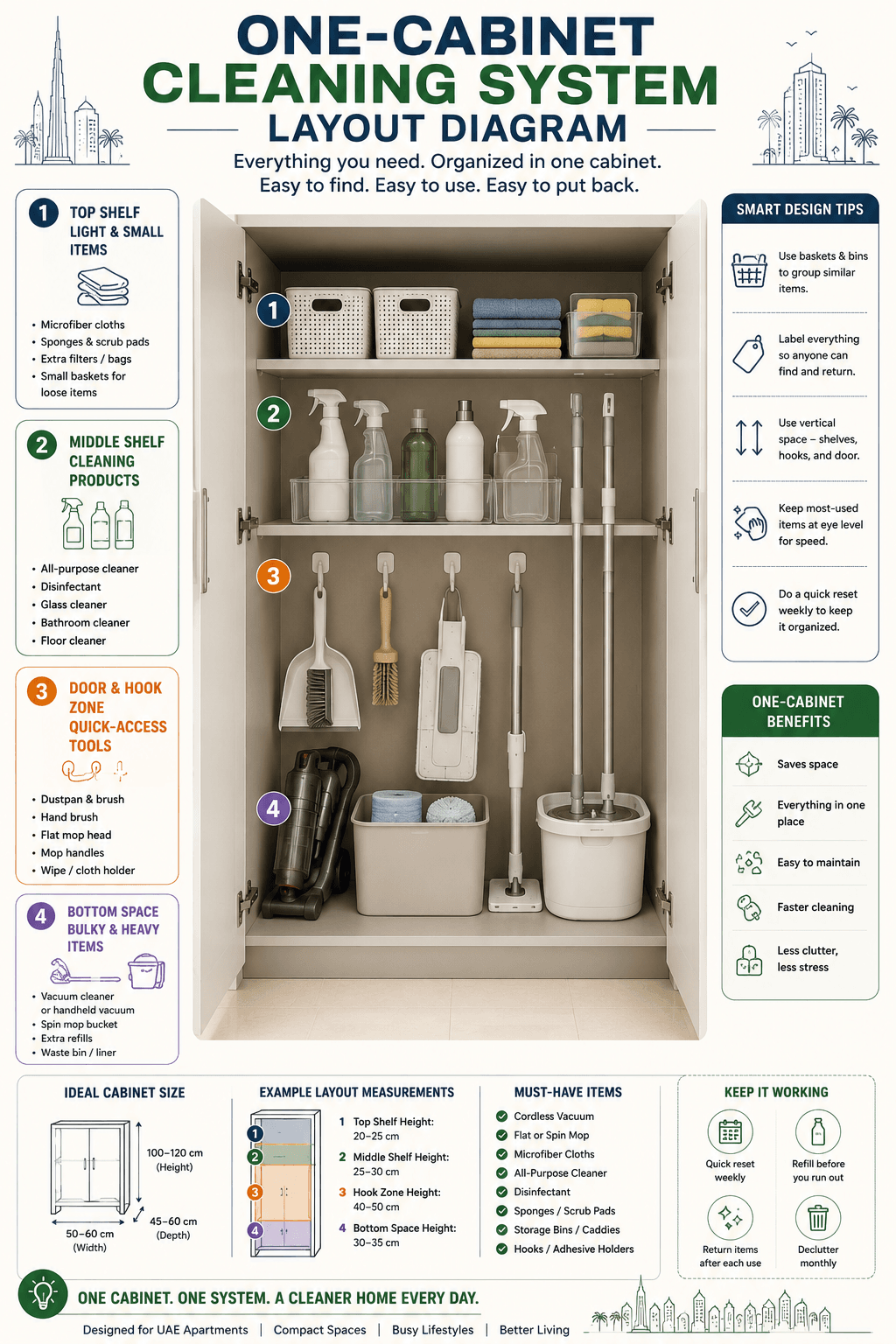 Organised UAE apartment cleaning cabinet with labeled storage zones