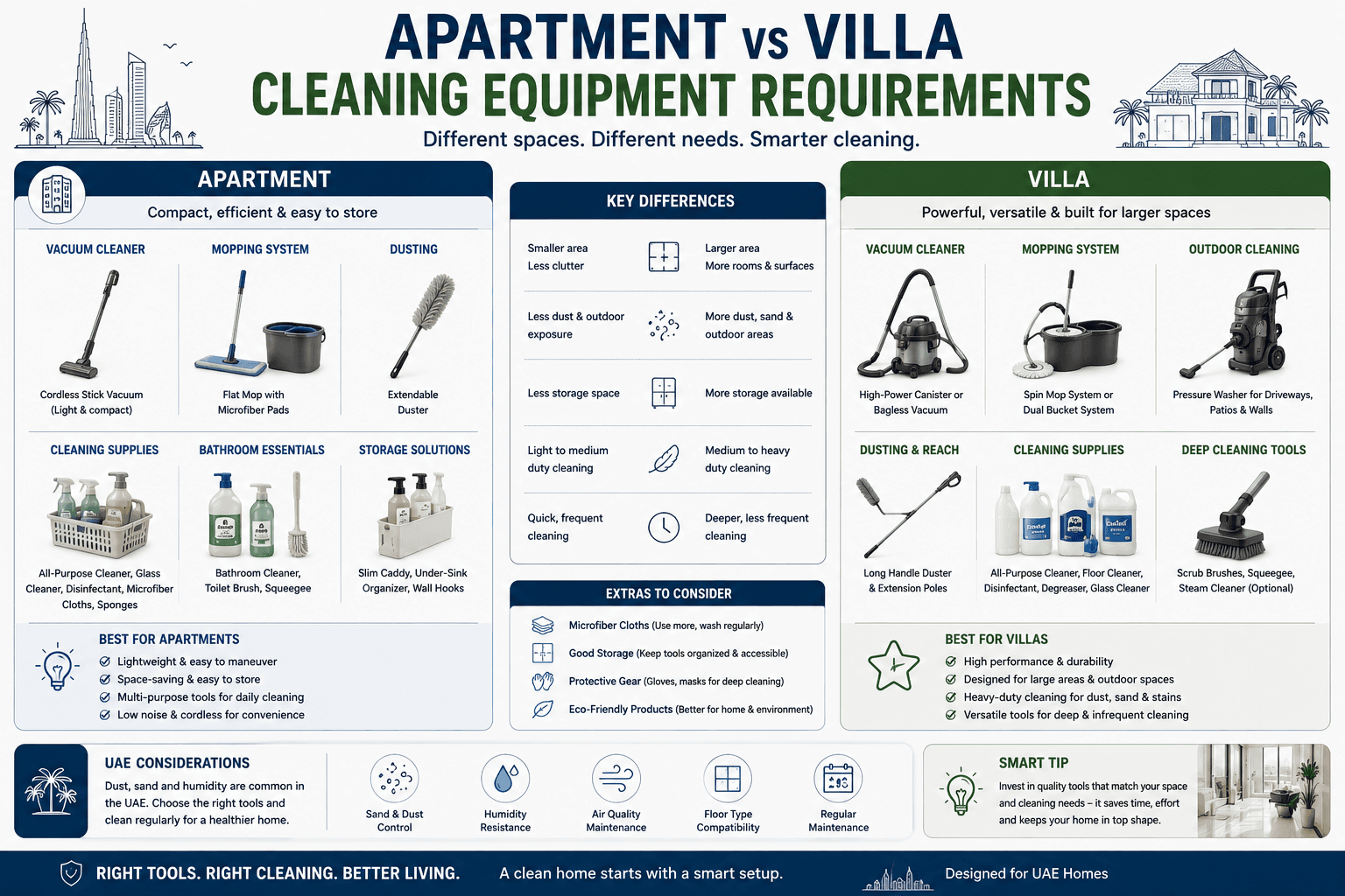 Apartment vs Villa Cleaning Equipment Requirements
