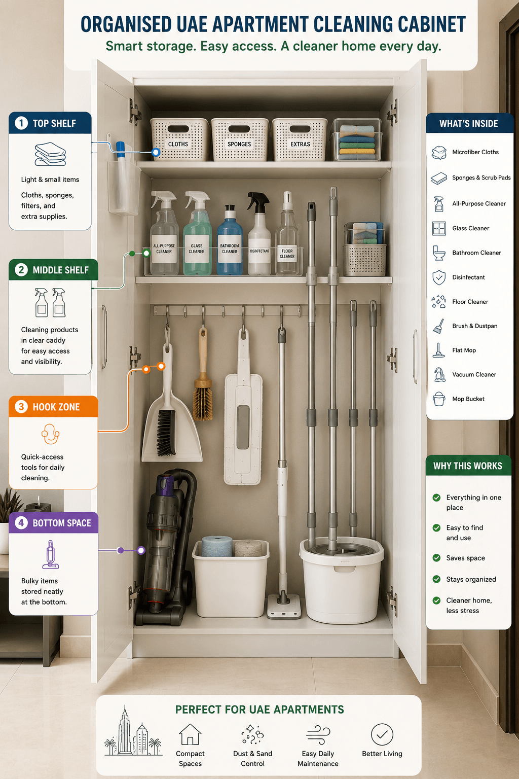 Organised UAE apartment cleaning cabinet with labeled storage zones