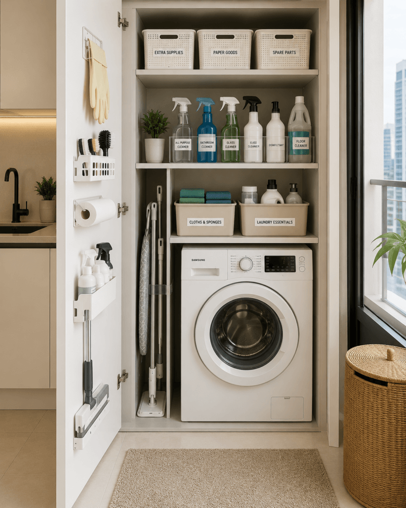 Small apartment laundry area with organised cleaning supplies