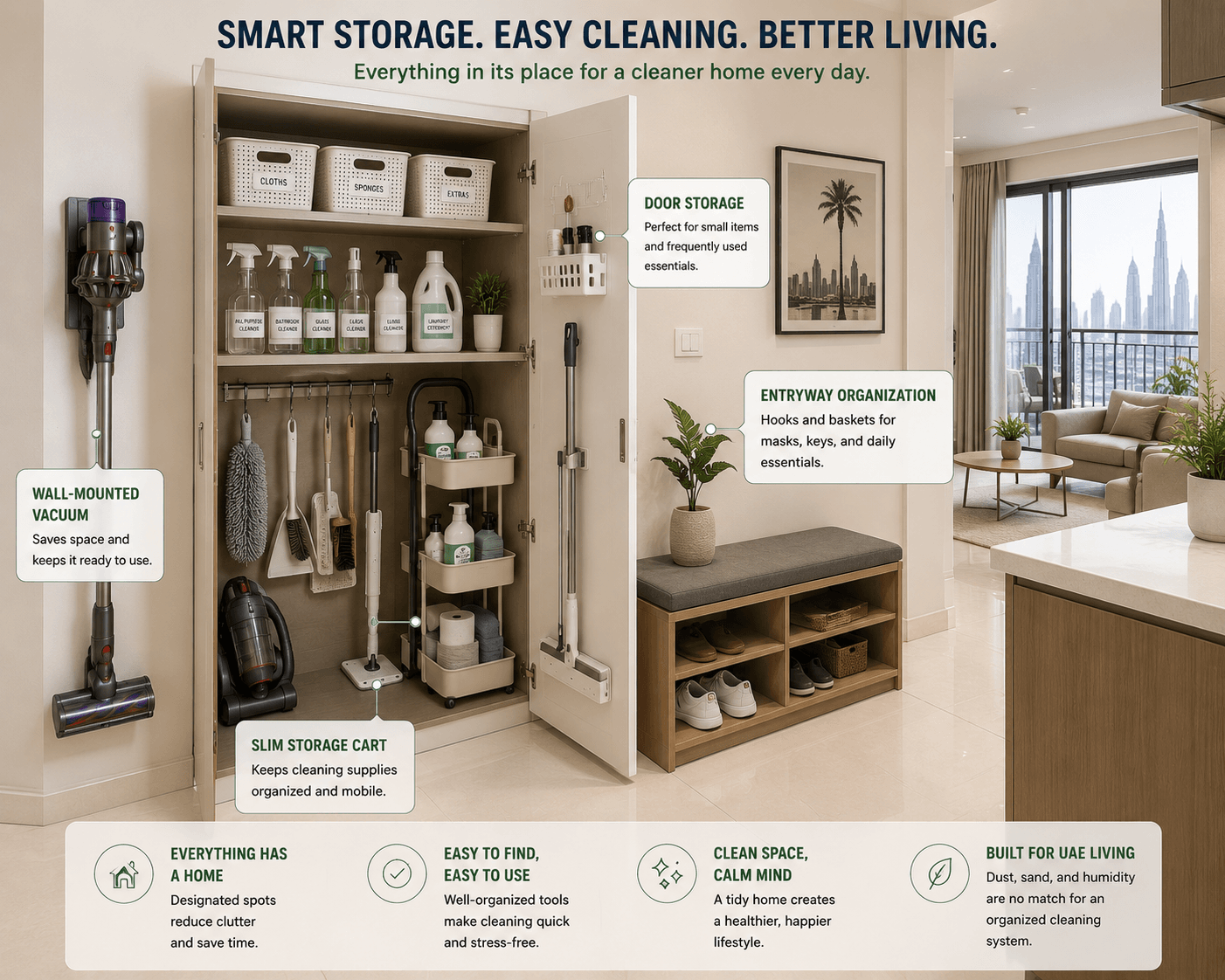[Image suggestion: Modern UAE apartment showing efficient cleaning tool storage]