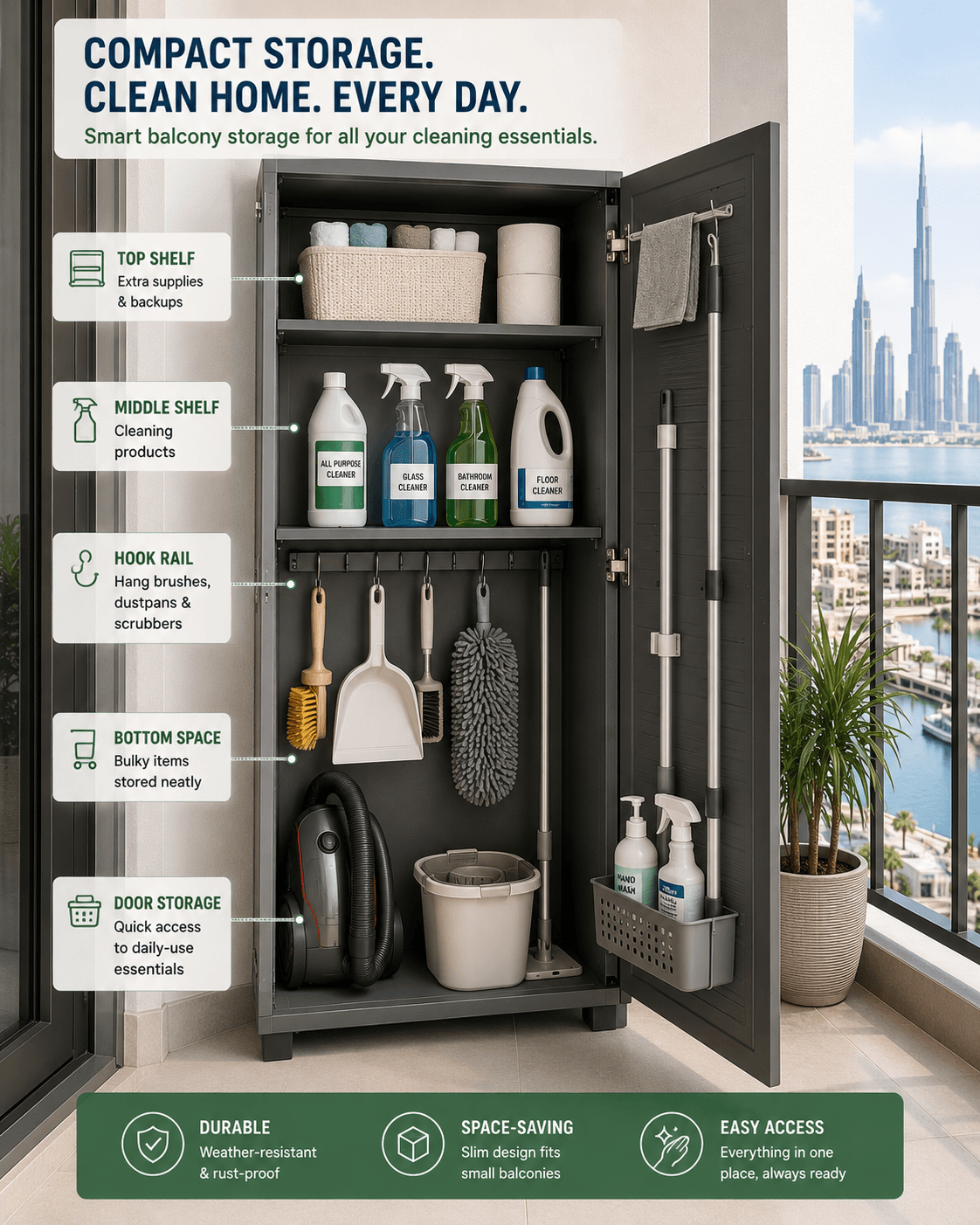 Compact balcony storage cabinet for cleaning equipment