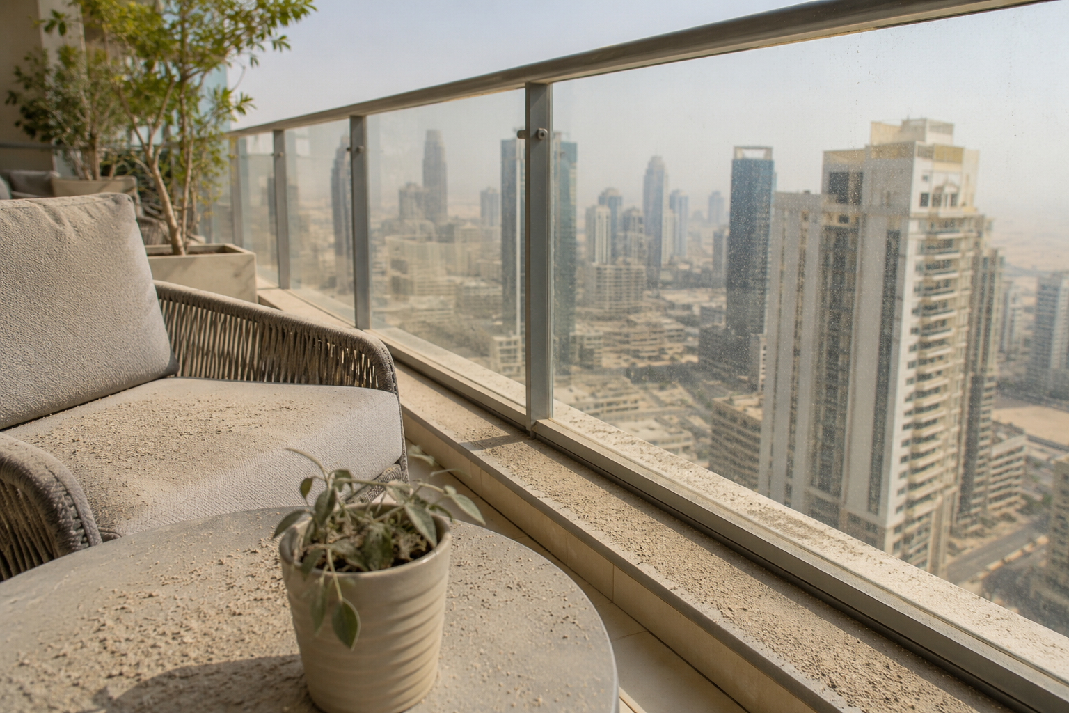 balcony-dust-problems-uae-Dust-covered high-rise apartment balcony in the UAE with outdoor furniture, dusty glass railings, and a hazy Dubai-style skyline in the background during a fine dust and humidity period.