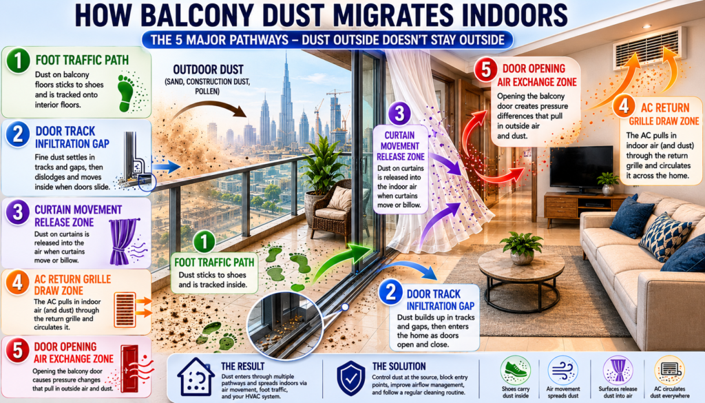Step-by-step pathway diagram showing how balcony dust migrates indoors. Use a simplified apartment cross-section with labelled arrows: foot traffic path from balcony to interior floor, door track infiltration gap, curtain movement release zone, AC return grille draw zone, door opening air exchange zone.