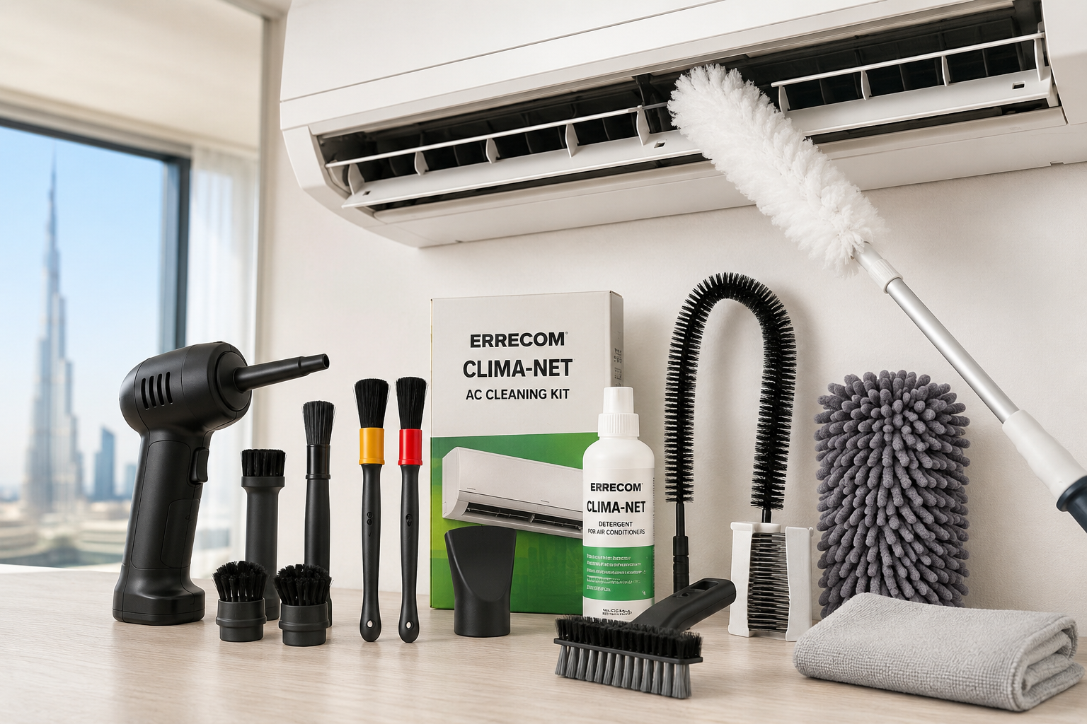 UAE apartment split AC unit being cleaned with microfiber duster and professional AC vent cleaning tools including detailing brushes, vacuum attachments, compressed air duster, and AC cleaning kit displayed on table near Dubai skyline window view.