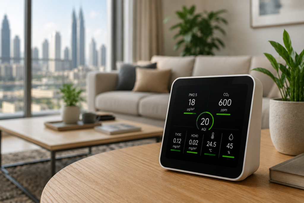 best-air-quality-monitors-uae hero image showing modern UAE apartment living room with digital PM2.5 and CO2 air quality monitor on wooden table near large city skyline window
