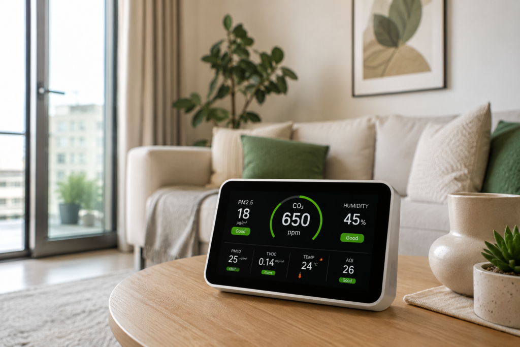UAE apartment living room with indoor air quality monitor showing PM2.5, CO2, humidity, and AQI readings for indoor air quality monitoring
