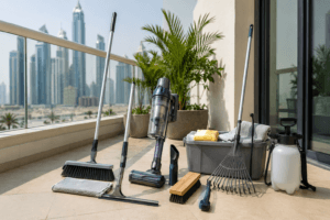 best-balcony-cleaning-tools-uae-1 - balcony with all the cleaning tools required