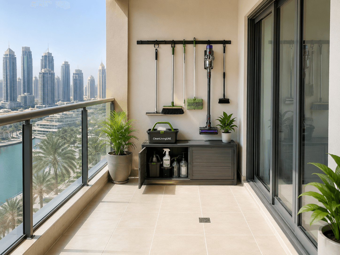 Clean UAE apartment balcony after a full cleaning session showing organised tool storage positioned against the wall
