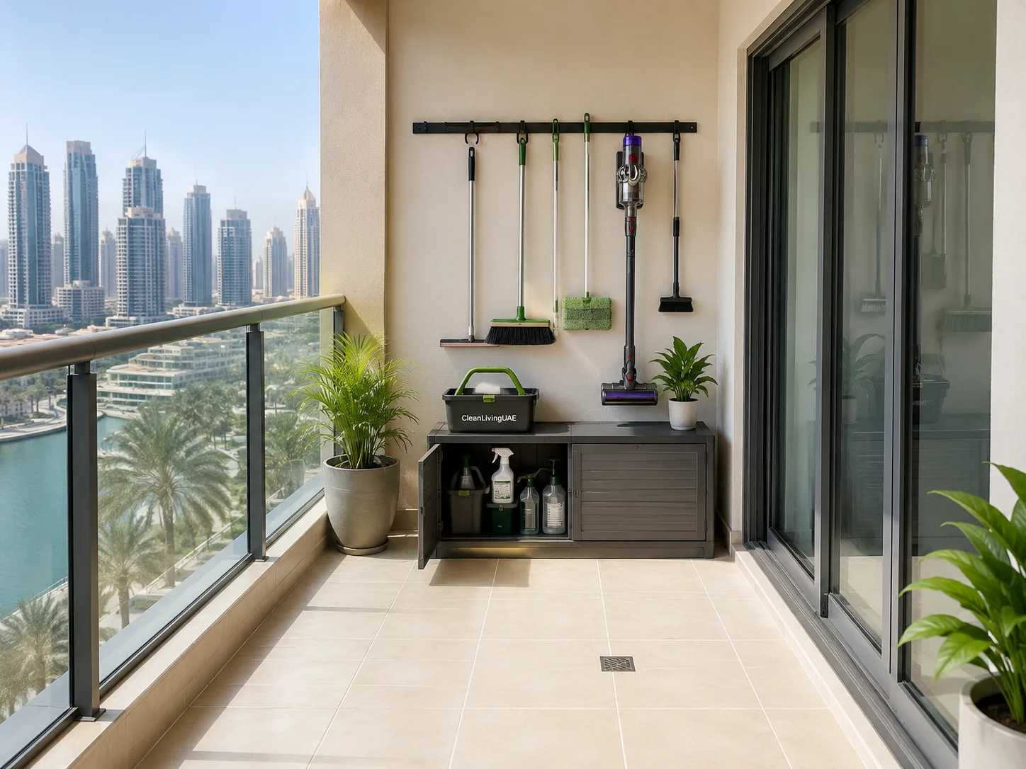 Clean UAE apartment balcony after a full cleaning session showing organised tool storage positioned against the wall