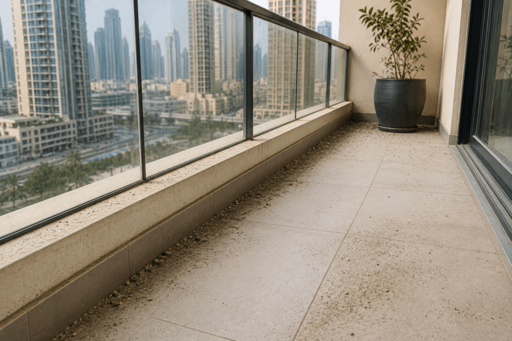 UAE apartment balcony showing fine dust accumulation along perimeter edges after a typical windy day