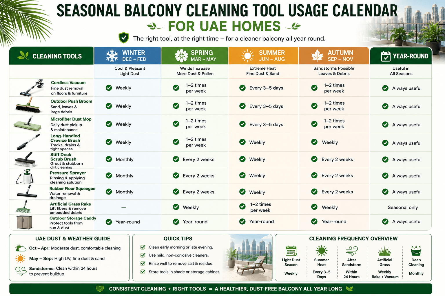 Seasonal Balcony Cleaning Tool Usage Calendar for UAE Homes
