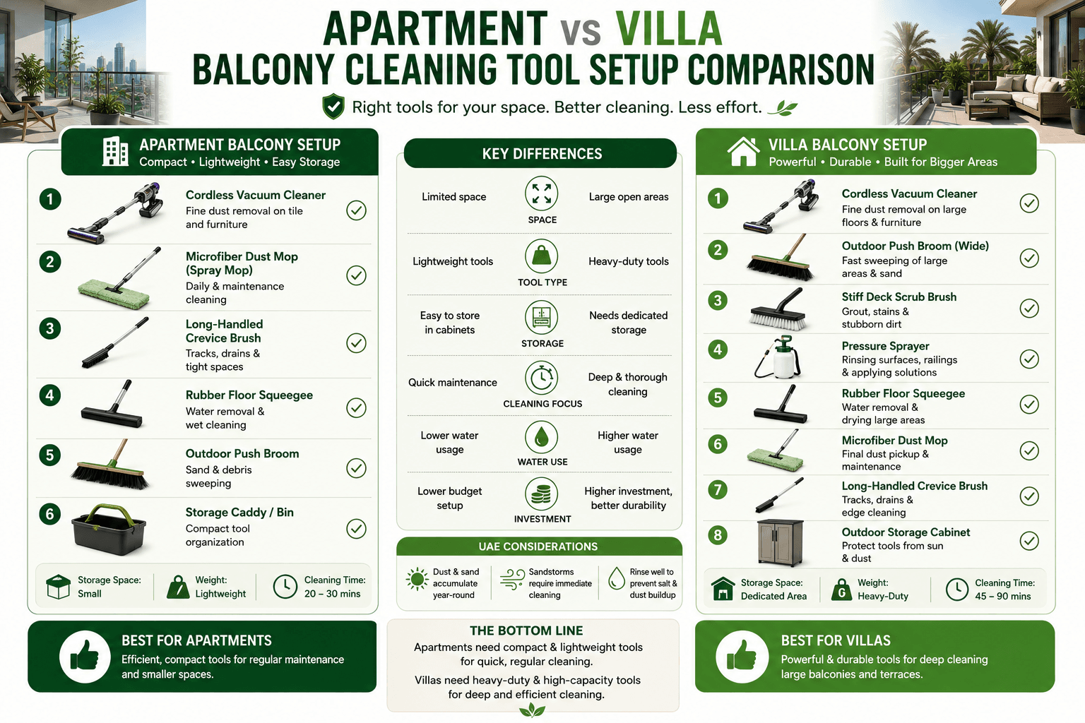 Apartment vs Villa Balcony Cleaning Tool Setup Comparison