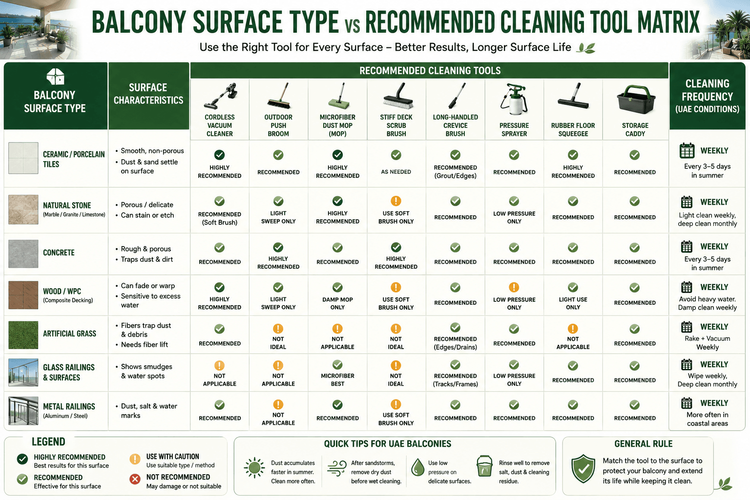 Balcony Surface Type vs Recommended Cleaning Tool Matrix