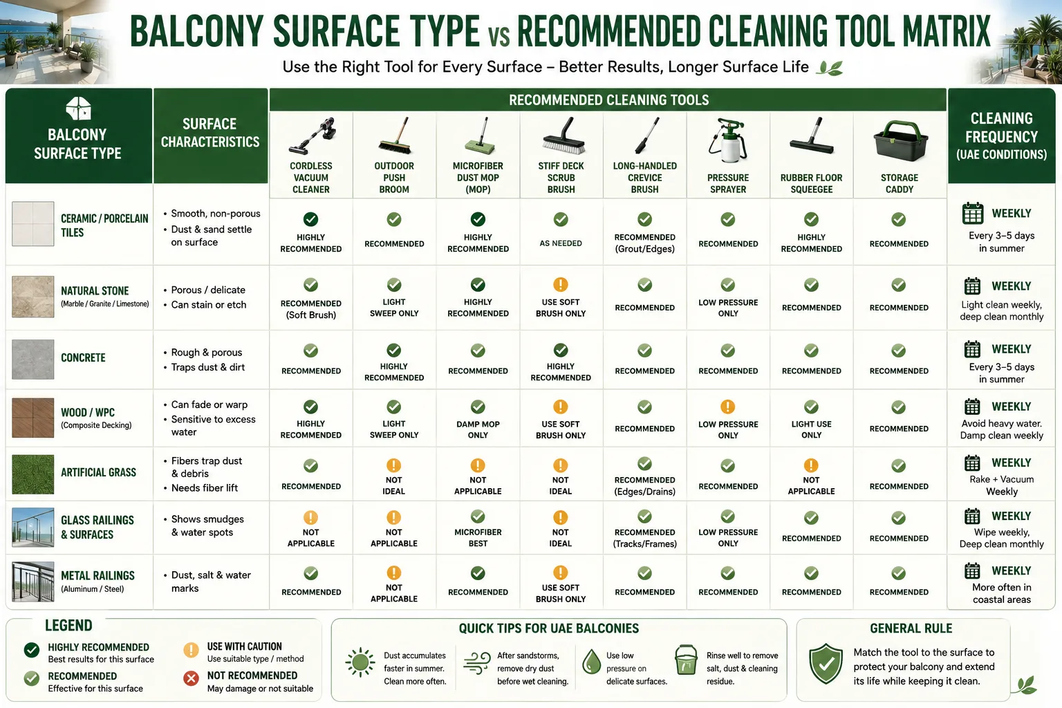 Balcony Surface Type vs Recommended Cleaning Tool Matrix