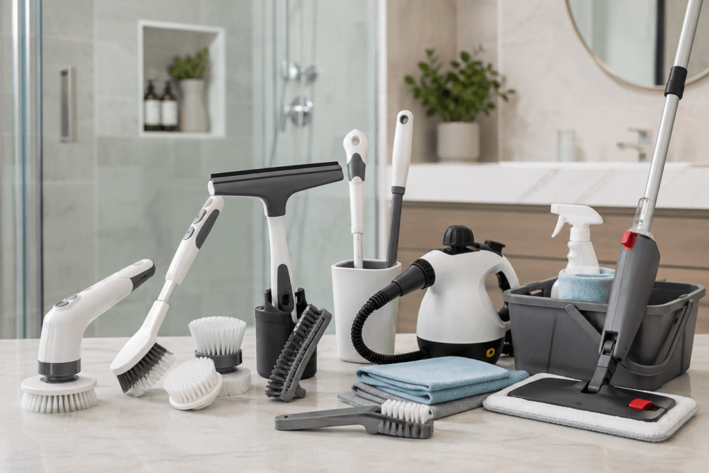 Best bathroom cleaning tools UAE arranged beside modern apartment bathroom sink and shower