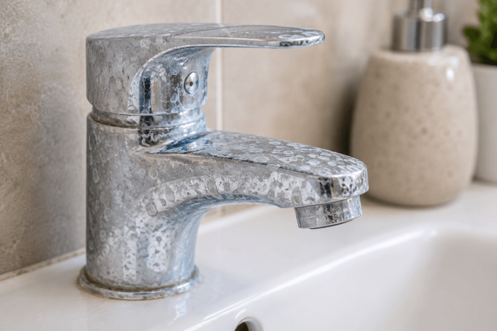 Hard water deposits on bathroom faucet UAE