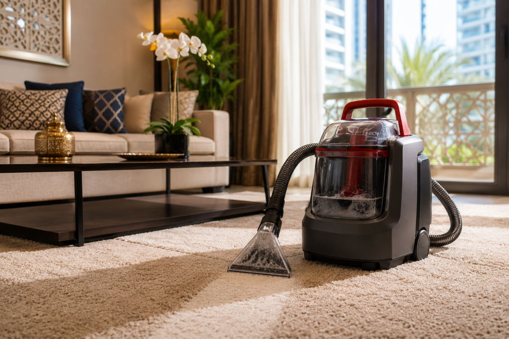 best-carpet-cleaning-machines-uae-Modern UAE apartment living room with a portable carpet cleaning machine on a beige carpet beside a fabric sofa, balcony windows, and indoor plants in warm natural daylight.