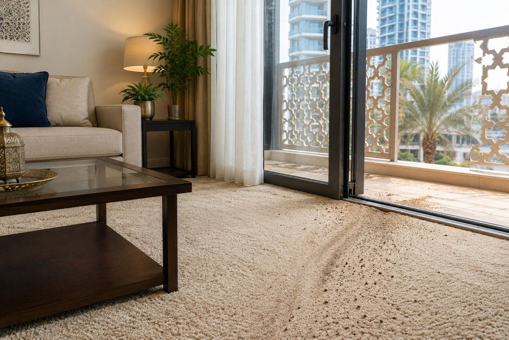UAE apartment living room carpet showing visible fine sand accumulation near balcony doors