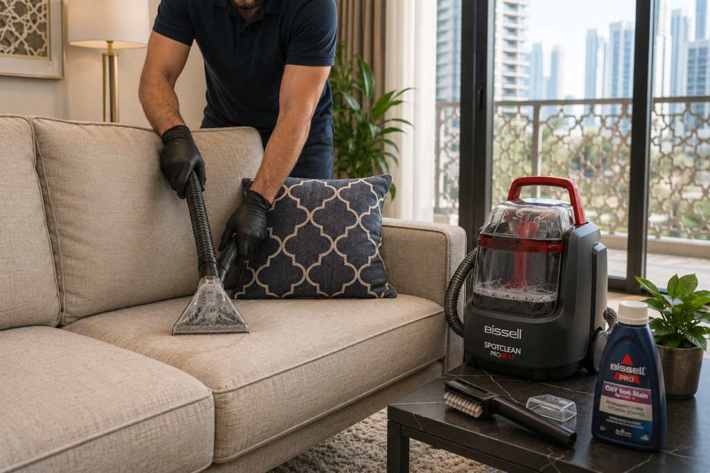 Portable carpet spot cleaner cleaning a fabric sofa in a modern UAE apartment