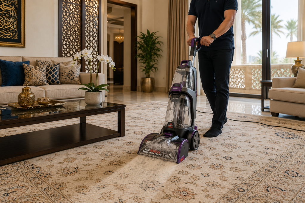 Upright carpet extractor cleaning a large living room area rug inside a UAE villa