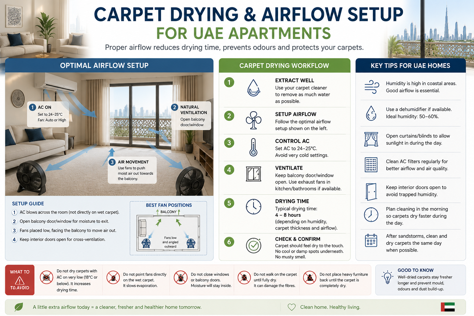 Carpet drying airflow setup in UAE apartments - AC, fan positioning, and ventilation workflow