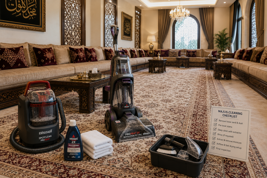 Majlis carpet deep cleaning setup inside a large UAE villa