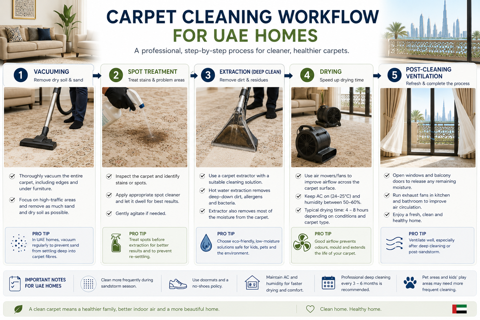 Carpet cleaning workflow for UAE homes - vacuuming, spot treatment, extraction, drying, post-cleaning ventilation
