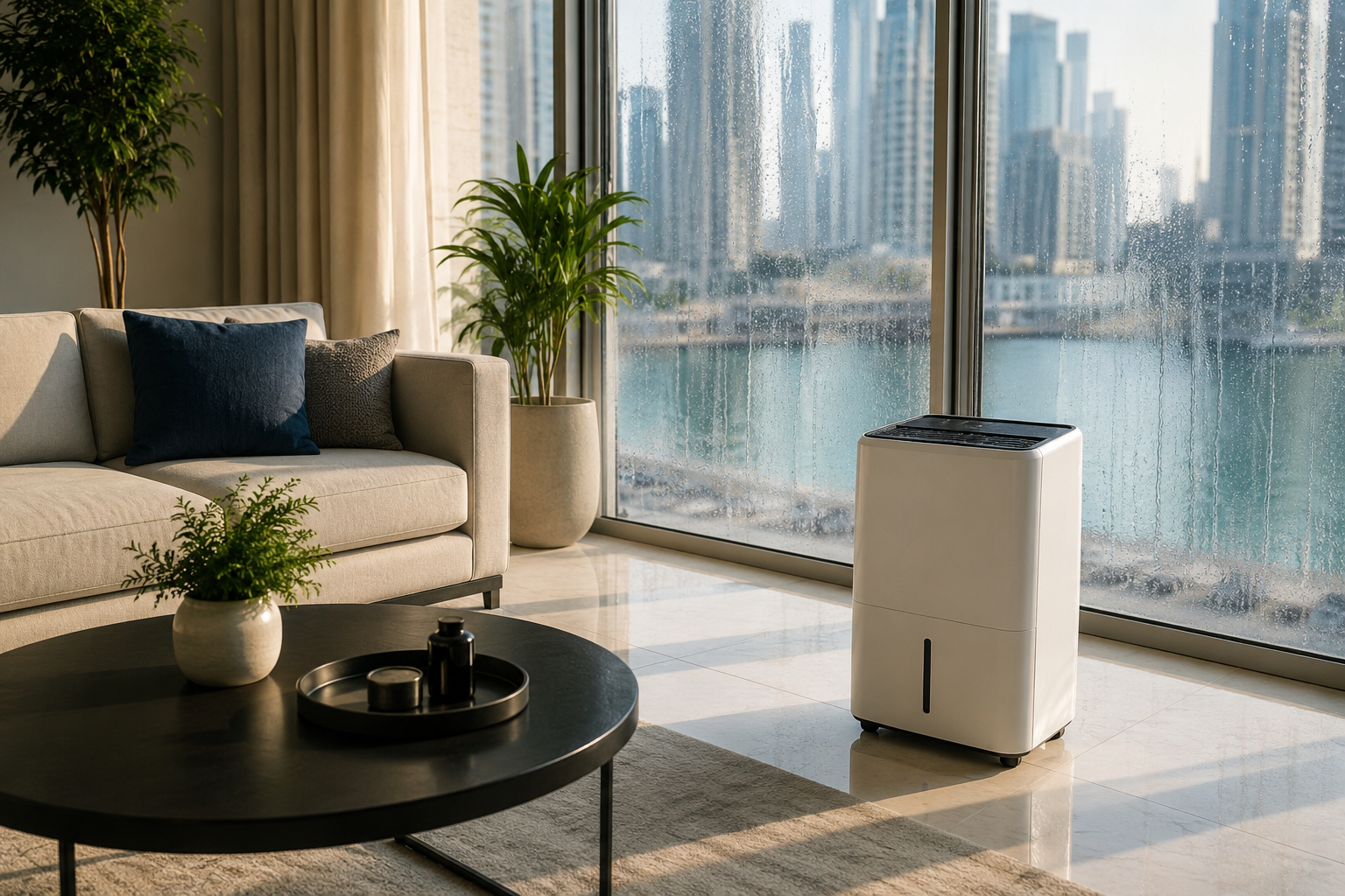 best-dehumidifiers-uae hero image showing a modern UAE apartment living room with condensation on floor-to-ceiling windows and a portable dehumidifier reducing indoor humidity near Dubai waterfront skyline views