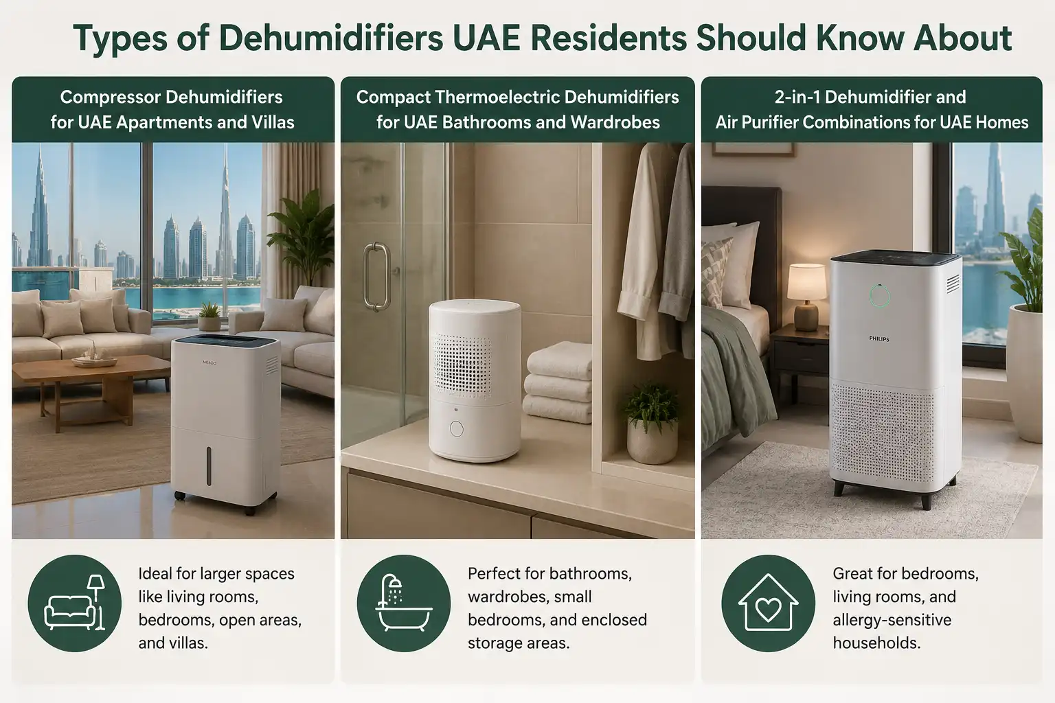 best-dehumidifiers-uae infographic comparing compressor dehumidifiers, compact thermoelectric dehumidifiers, and 2-in-1 dehumidifier air purifier combinations for UAE apartments, bathrooms, bedrooms, wardrobes, and villas with realistic indoor home settings