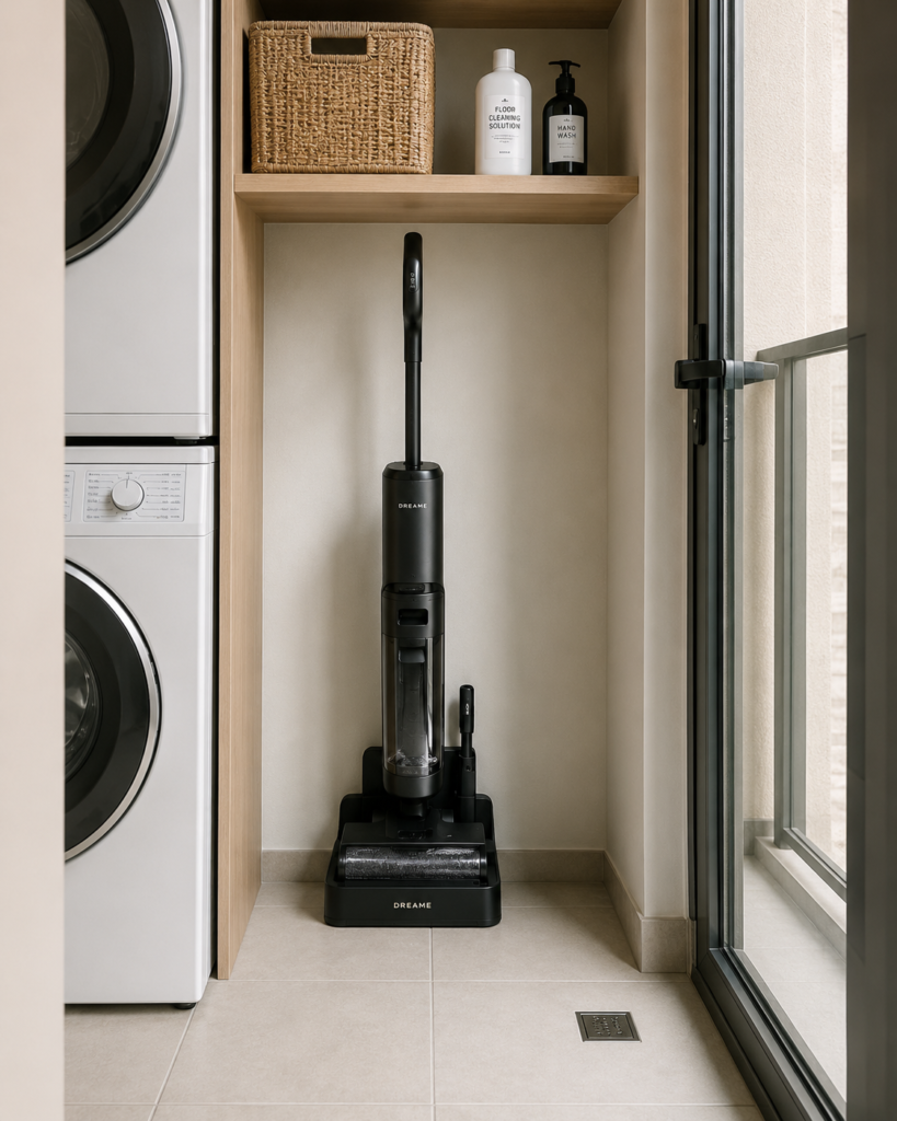 UAE apartment utility area showing a cordless vacuum mop combo in an upright dock position illustrating typical storage footprint