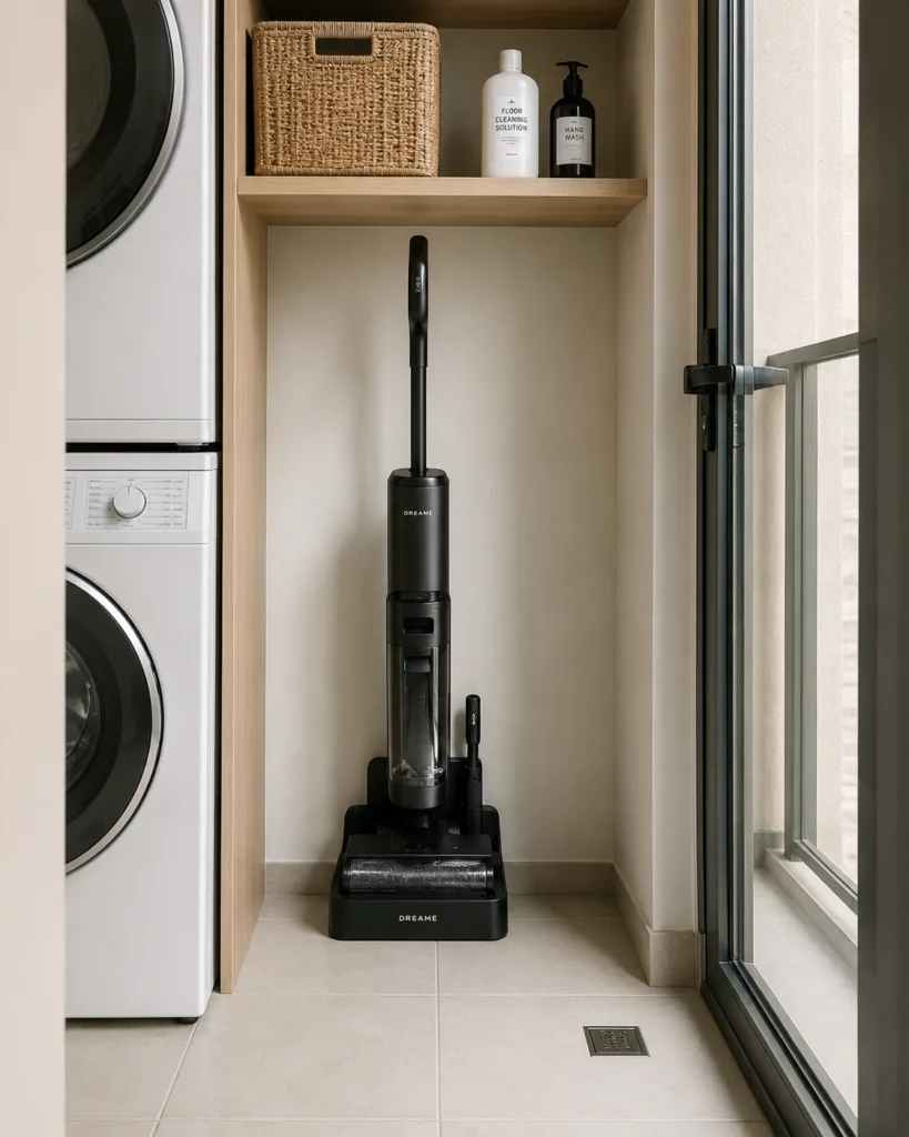 UAE apartment utility area showing a cordless vacuum mop combo in an upright dock position illustrating typical storage footprint