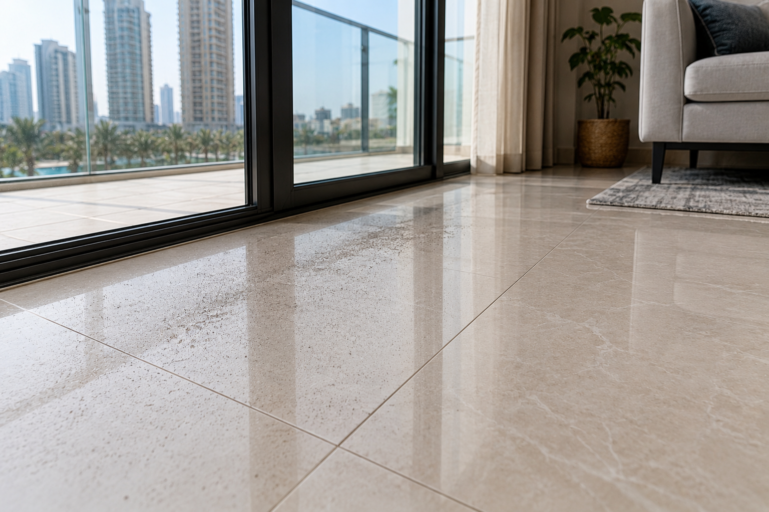 Glossy porcelain tile floor in a UAE apartment showing fine dust film near the balcony entry point