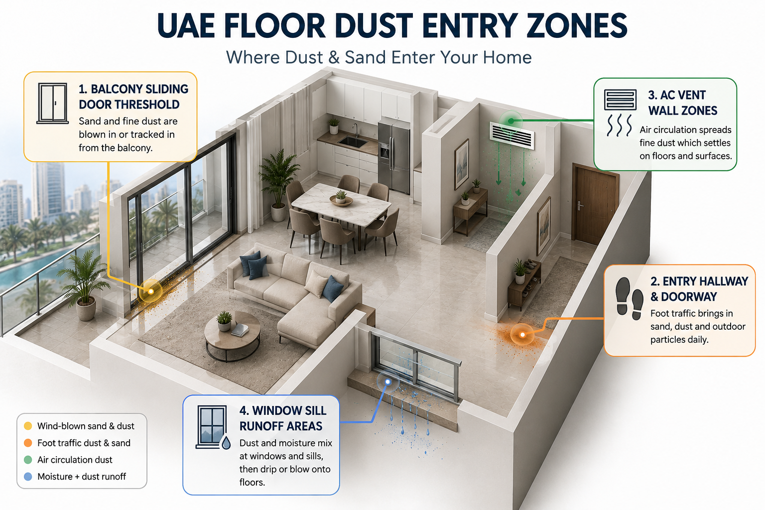 UAE floor dust entry zones - balcony sliding door threshold, entry hallway, AC vent wall zones, window sill runoff areas