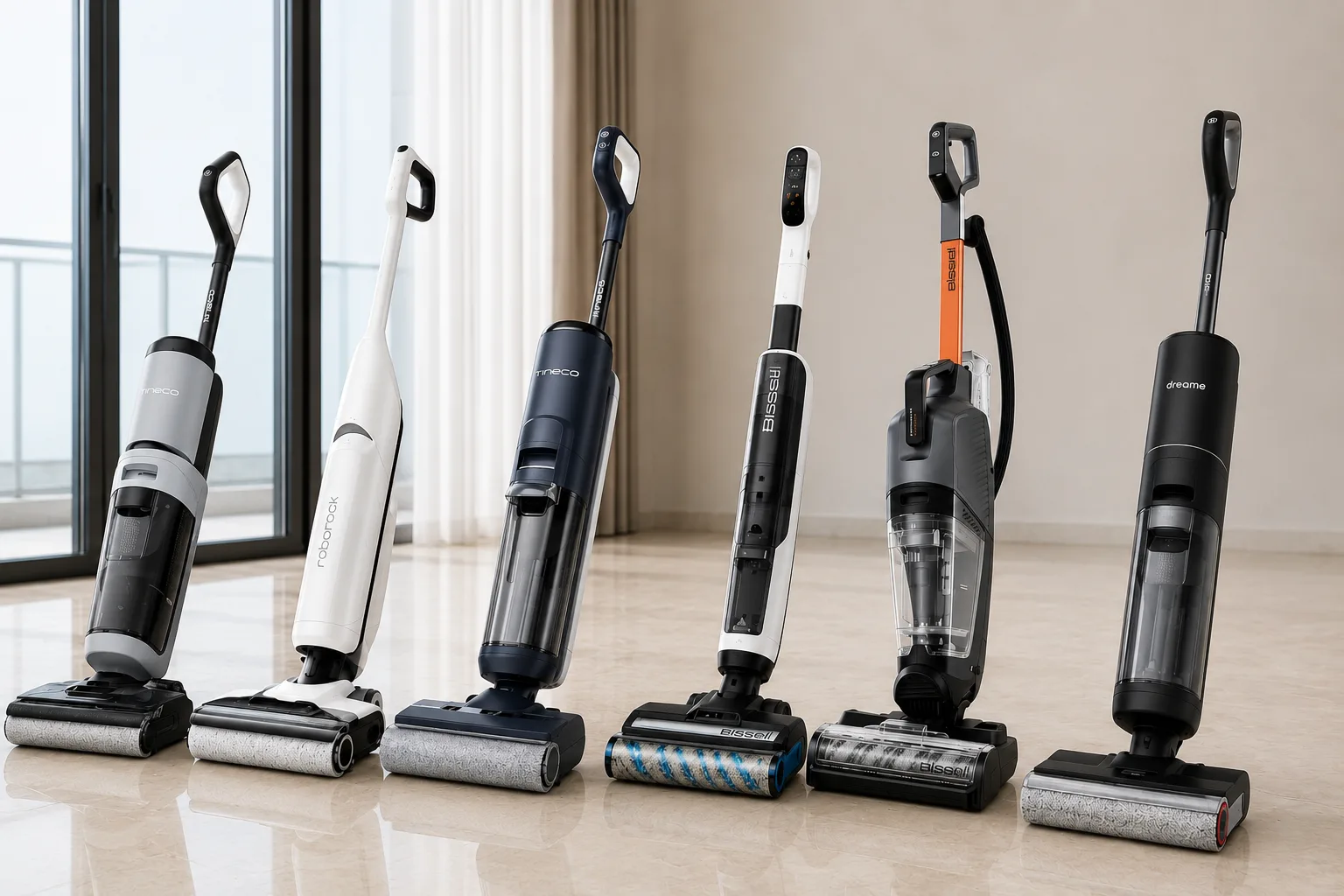 Selection of cordless hard floor vacuum mop combo machines arranged on UAE apartment tile flooring