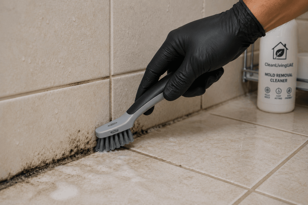 Grout brush scrubbing mold from tile joints in a UAE apartment bathroom