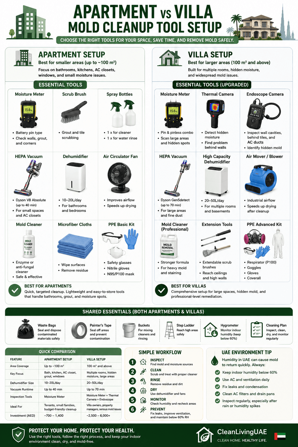 Apartment vs Villa Mold Cleanup Tool Setup