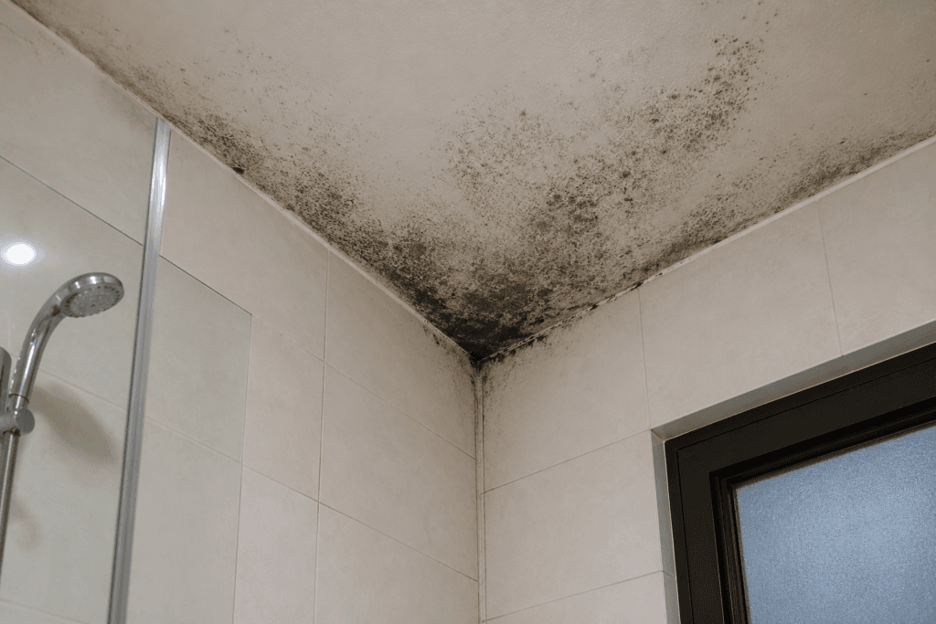 [IMAGE: UAE bathroom ceiling corner with visible mold growth before cleanup]