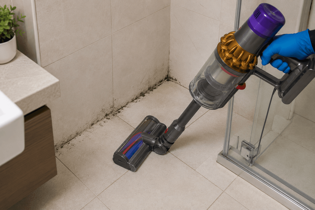 HEPA vacuum cleaning mold debris around grout lines in a UAE bathroom