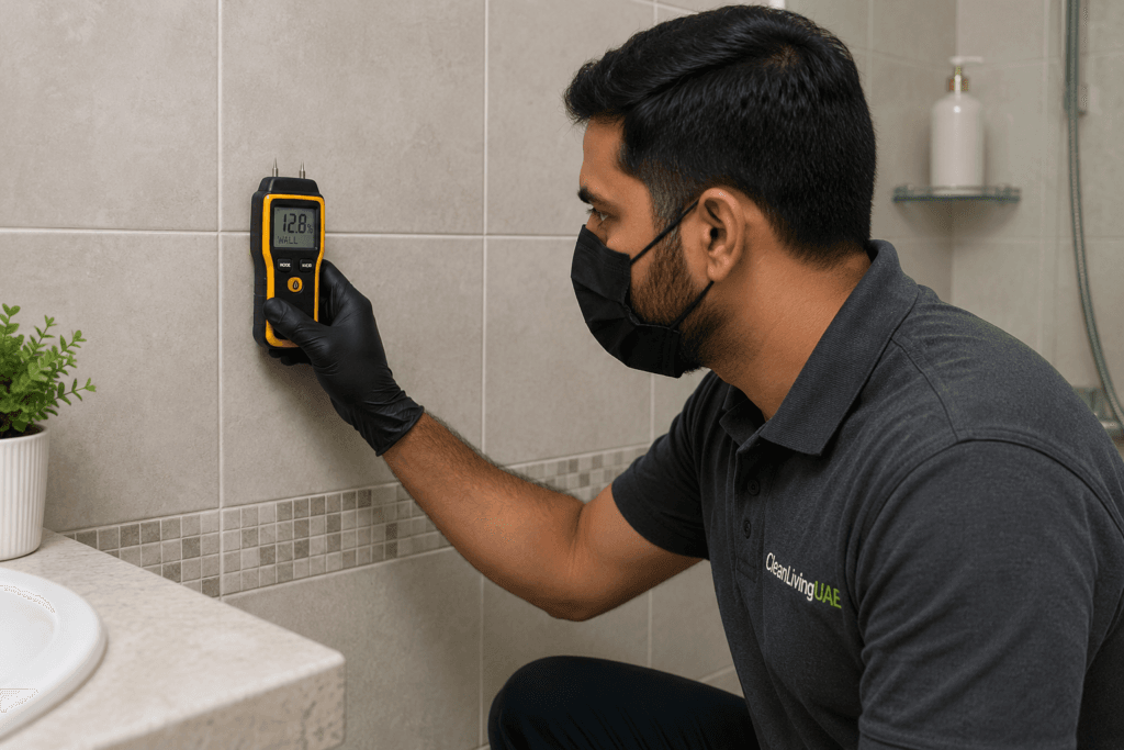 Technician using a moisture meter on a UAE bathroom wall near grout joints