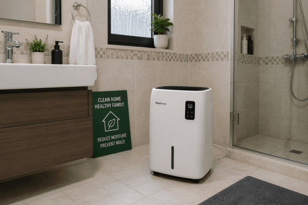Portable dehumidifier operating in a UAE apartment bathroom after mold cleanup