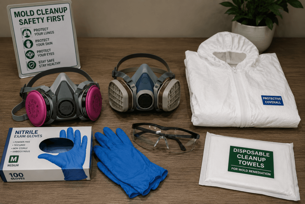 Mold cleanup safety equipment laid out on a table - respirator masks, nitrile gloves, safety glasses, coverall