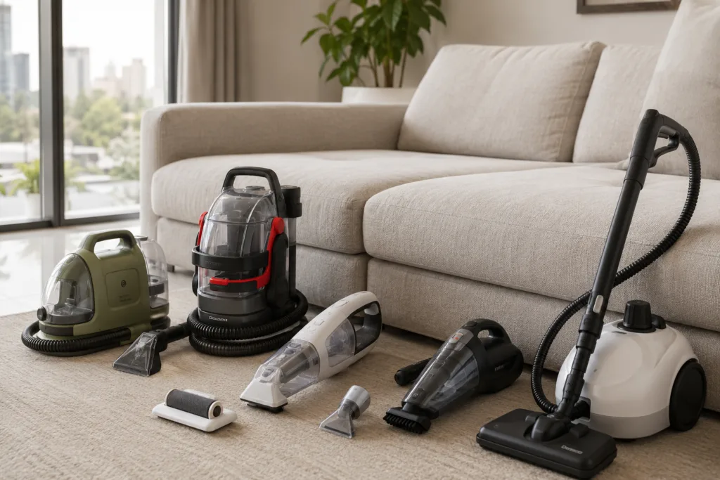 Best sofa cleaning tool UAE for fabric upholstery and desert dust removal - Upholstery cleaning tools used in a UAE home