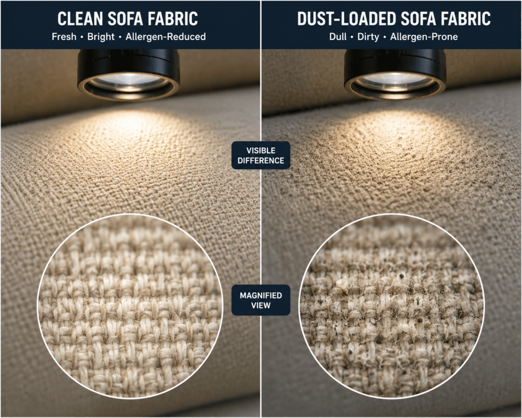 Comparison of clean versus dust-loaded sofa fabric under magnified lighting