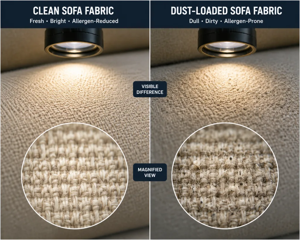 Comparison of clean versus dust-loaded sofa fabric under magnified lighting