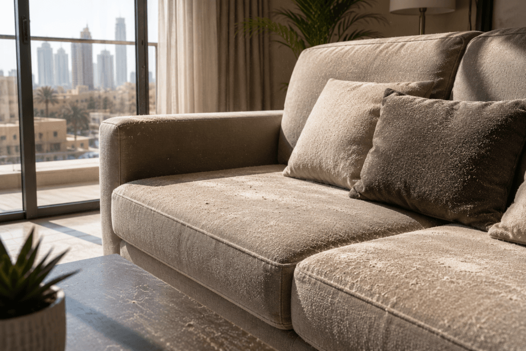 [IMAGE: UAE fabric sofa showing visible fine dust accumulation under sunlight near balcony doors]