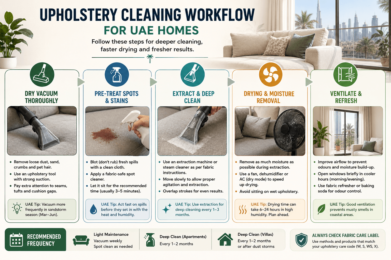 Upholstery cleaning workflow for UAE homes showing vacuuming, spot treatment, extraction, drying, and ventilation stages