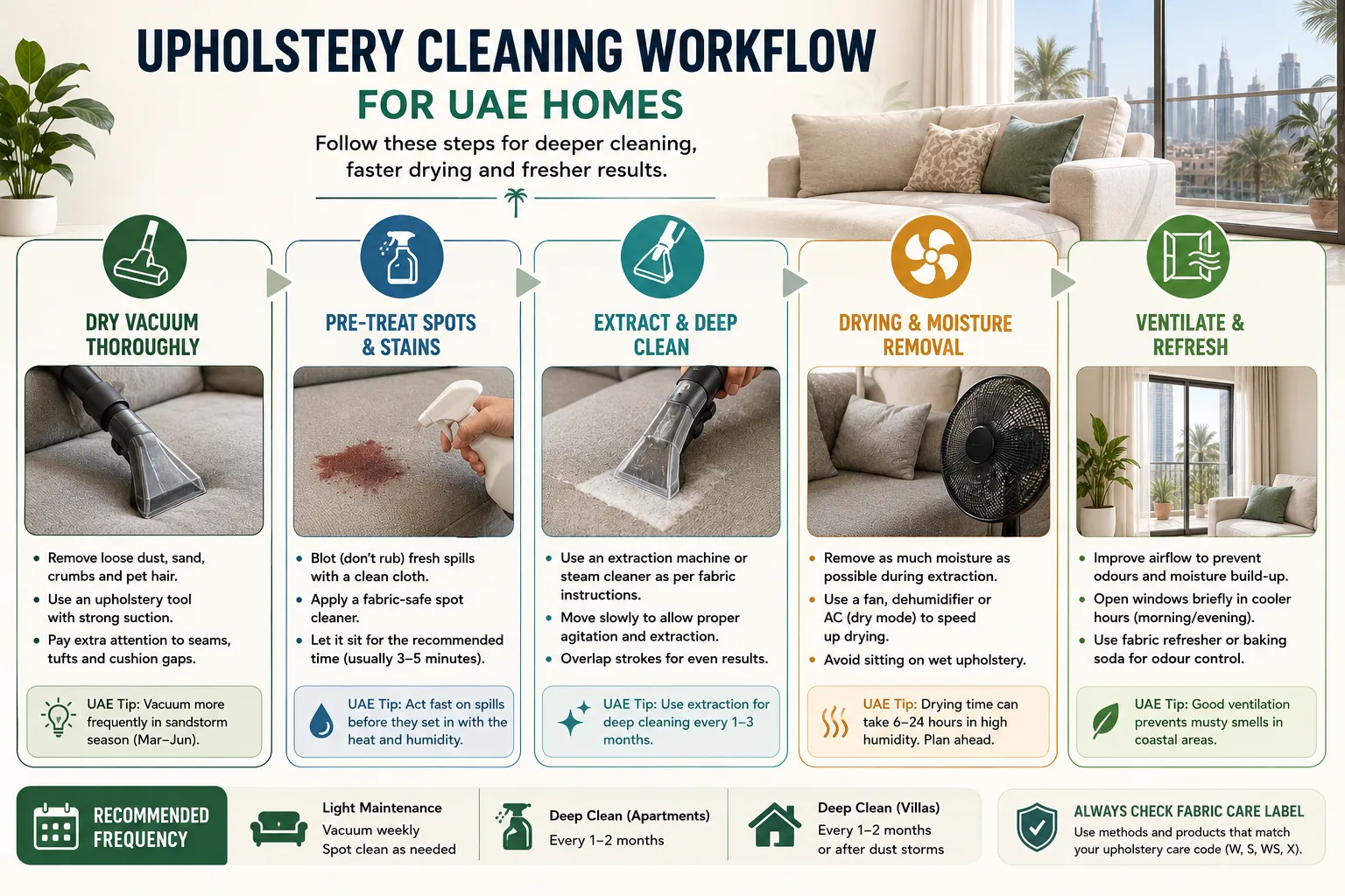 Upholstery cleaning workflow for UAE homes showing vacuuming, spot treatment, extraction, drying, and ventilation stages
