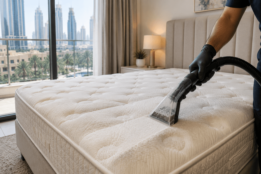 Mattress surface cleaning using an upholstery extraction tool in a UAE apartment bedroom
