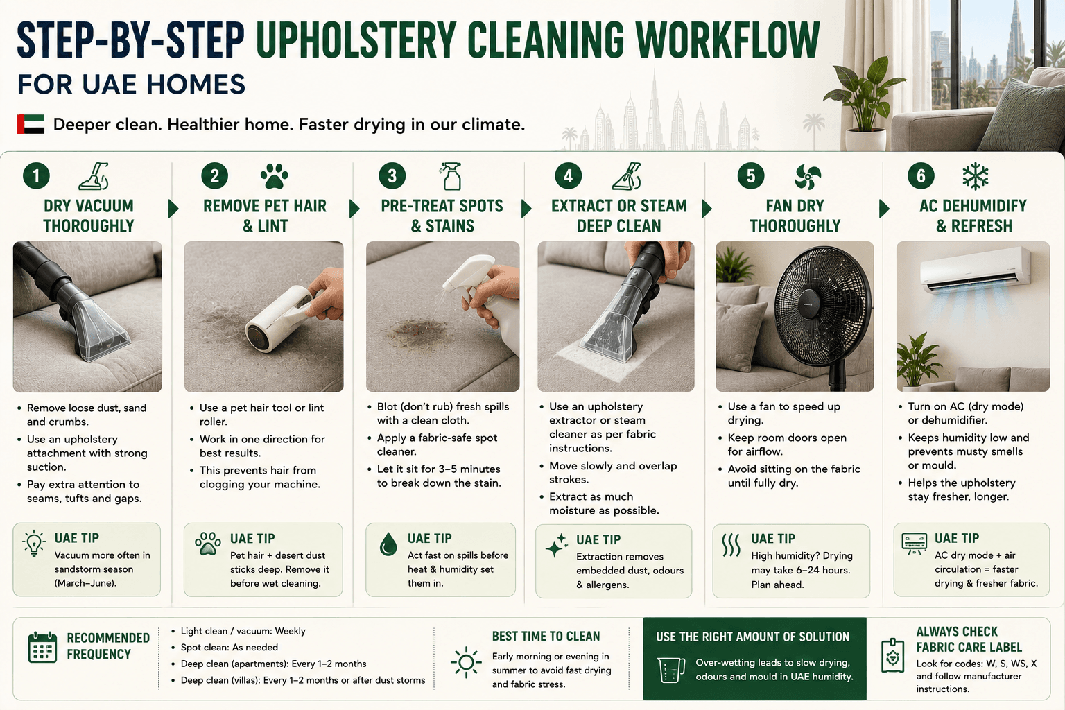 Step-by-step upholstery cleaning workflow for UAE homes - dry vacuum, pet hair removal, spot treat, extract or steam, fan dry, AC dehumidify
